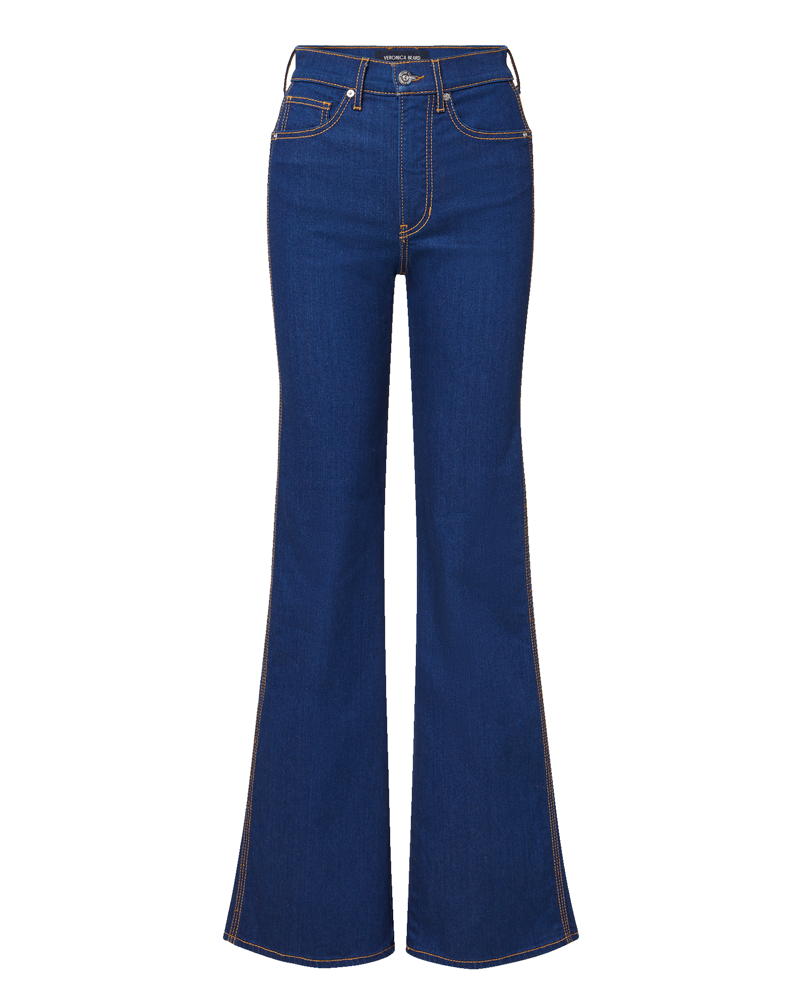 Veronica Beard Blue denim flared jeans with tan stitching.