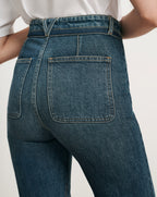 Veronica Beard Blue denim jeans with large patch pockets.