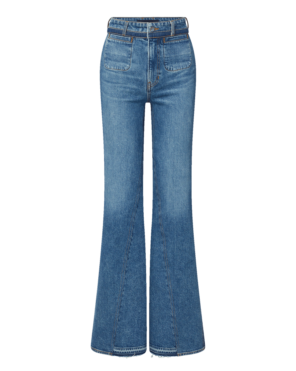 Veronica Beard Blue denim flared jeans with front patch pockets.