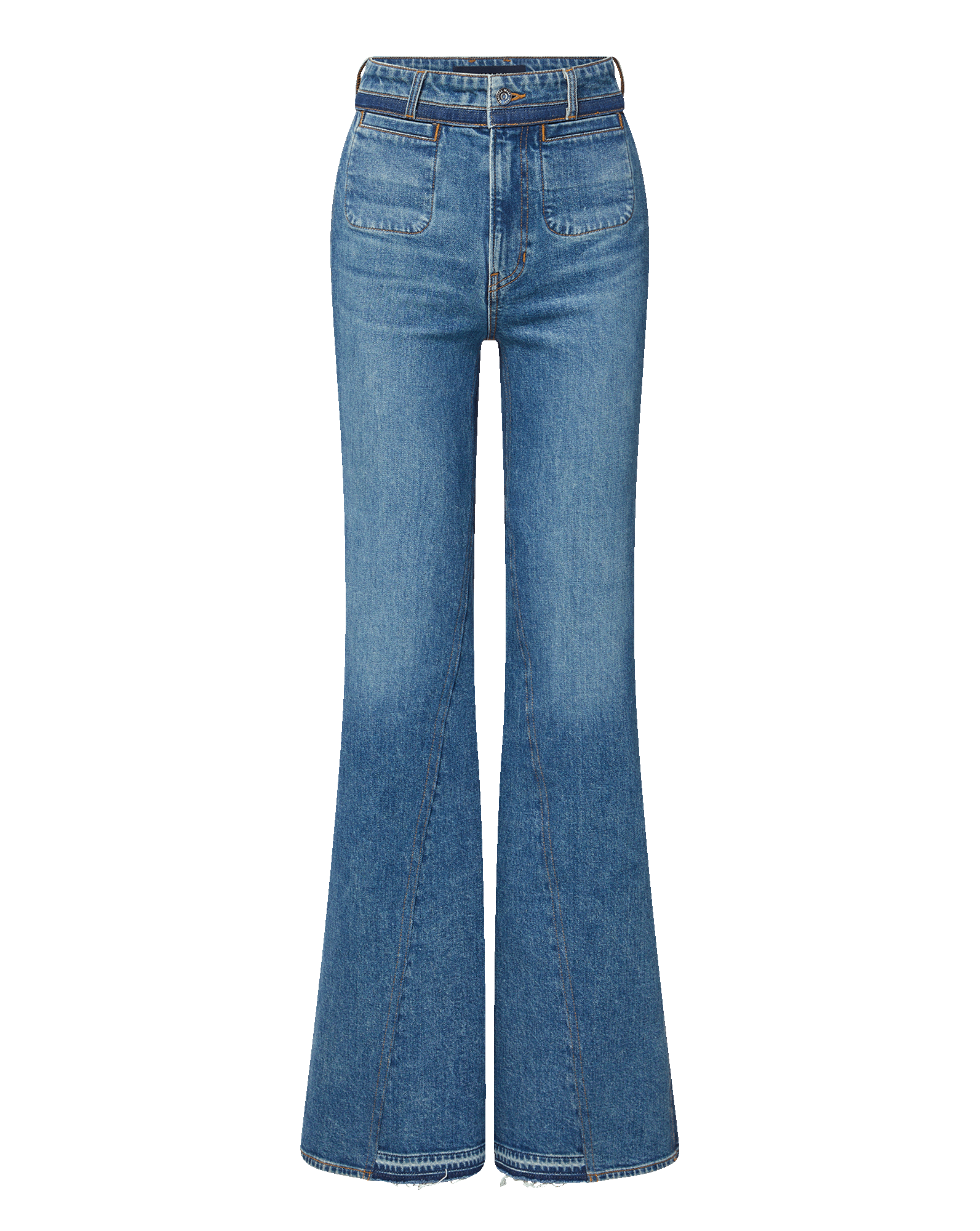 Veronica Beard Blue denim flared jeans with front patch pockets.