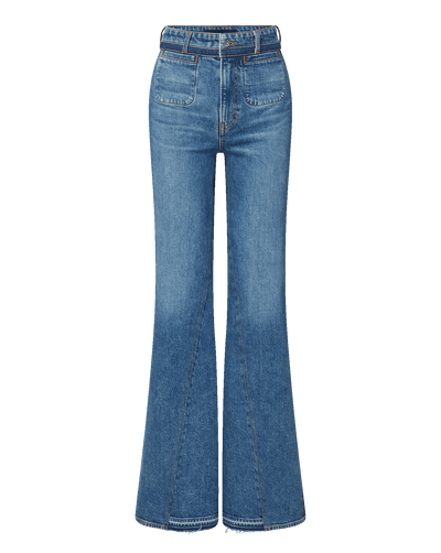Veronica Beard Blue denim flared jeans with front patch pockets.