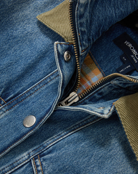 Veronica Beard Blue denim jacket with olive corduroy collar.