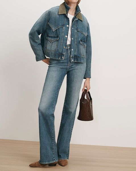 Veronica Beard Blue denim jacket and jeans, brown handbag