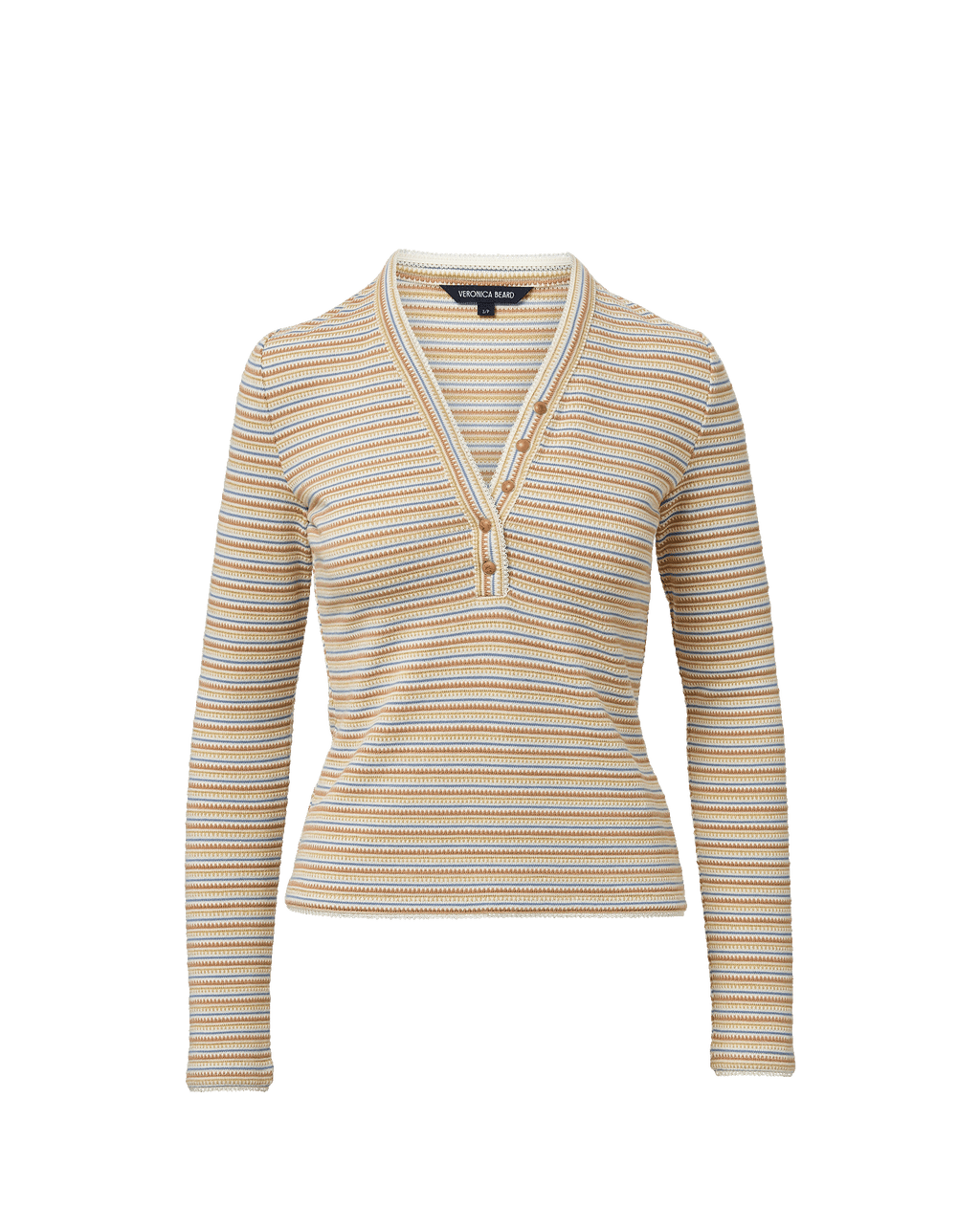 Veronica Beard Striped long-sleeve henley shirt with a v-neck and button placket.