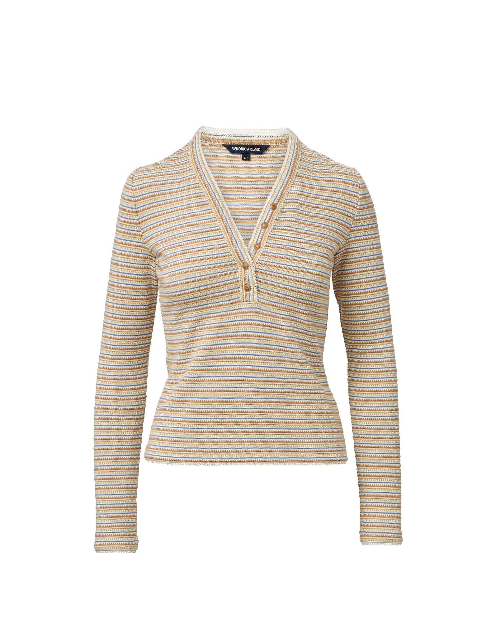 Veronica Beard Striped long-sleeve henley shirt with a v-neck and button placket.