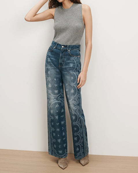 Veronica Beard Gray ribbed tank top, blue embroidered wide-leg jeans