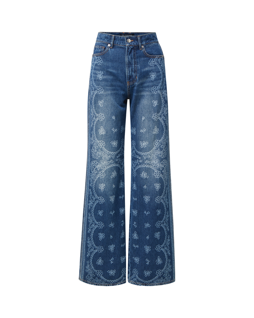 Veronica Beard Blue denim wide-leg jeans with white paisley print