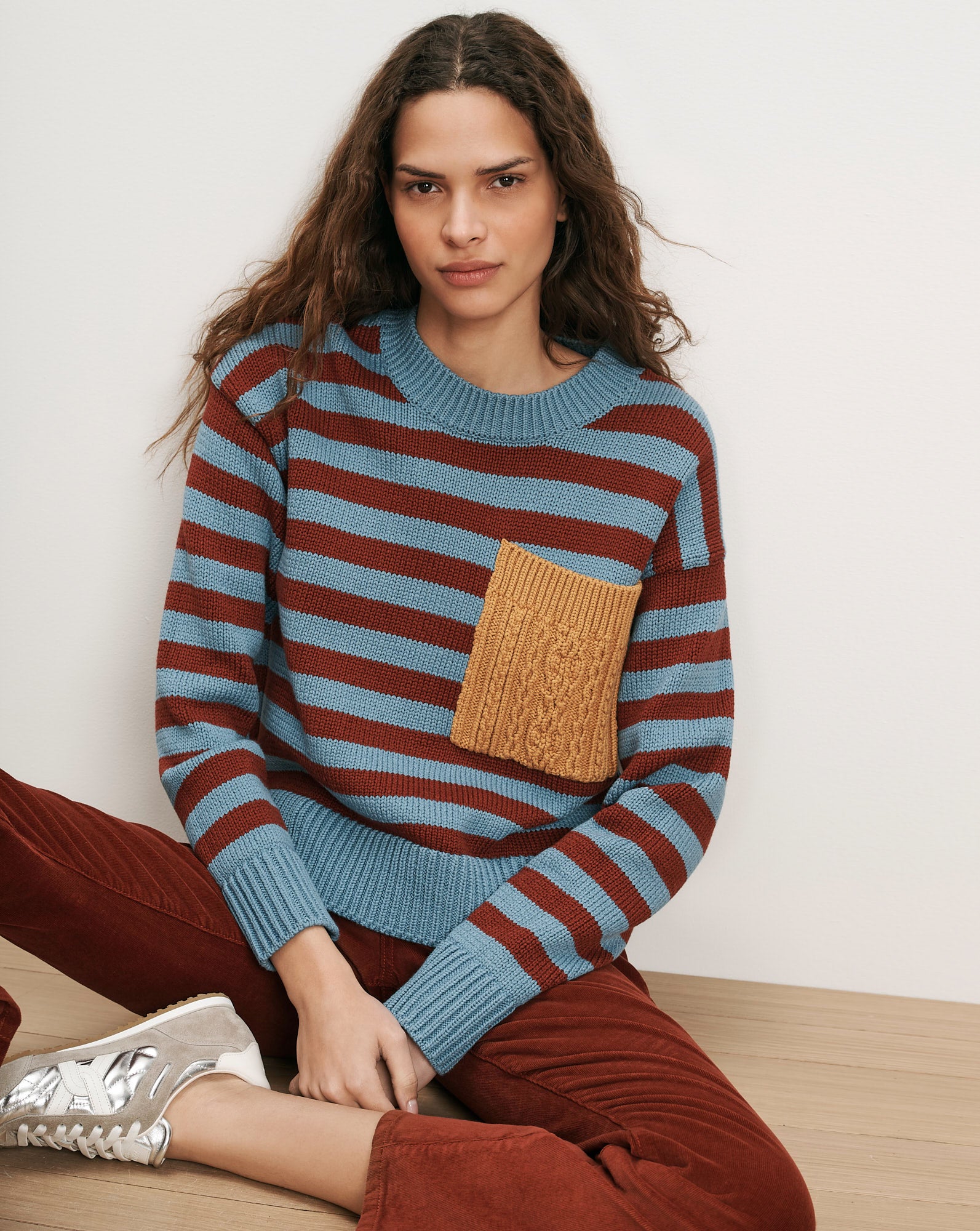 Veronica Beard Striped knit sweater with a textured patch pocket