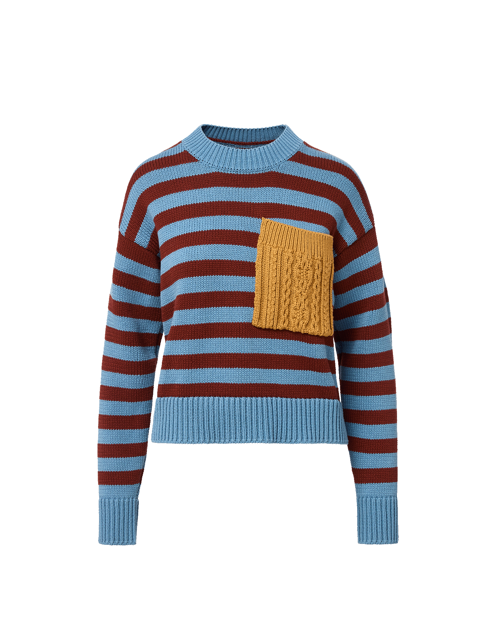 Veronica Beard Blue and brown striped sweater with yellow knit pocket.
