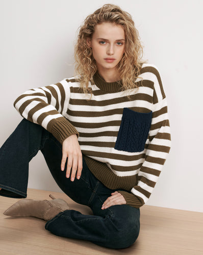 Veronica Beard Striped knit sweater with navy cable-knit pocket.