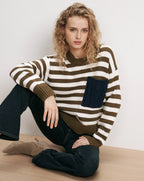 Veronica Beard Striped knit sweater with navy cable-knit pocket.