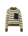 Veronica Beard Olive and white striped sweater with navy knit pocket.