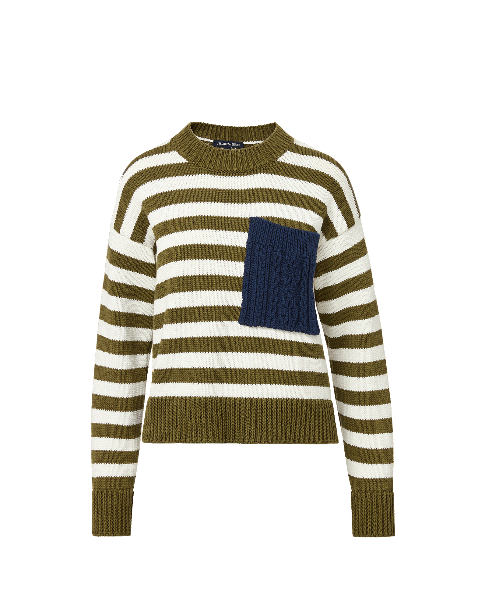 Veronica Beard Olive and white striped sweater with navy knit pocket.