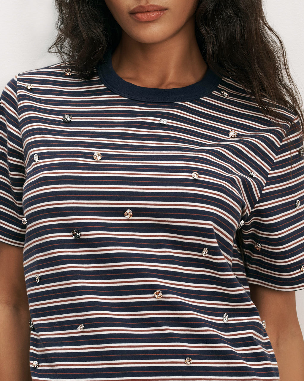 Veronica Beard Striped blue t-shirt with scattered rhinestones.