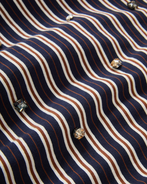 Veronica Beard Navy, white, and brown striped fabric with scattered crystal embellishments.