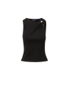 Veronica Beard Black ribbed knit tank top with gold button detail.