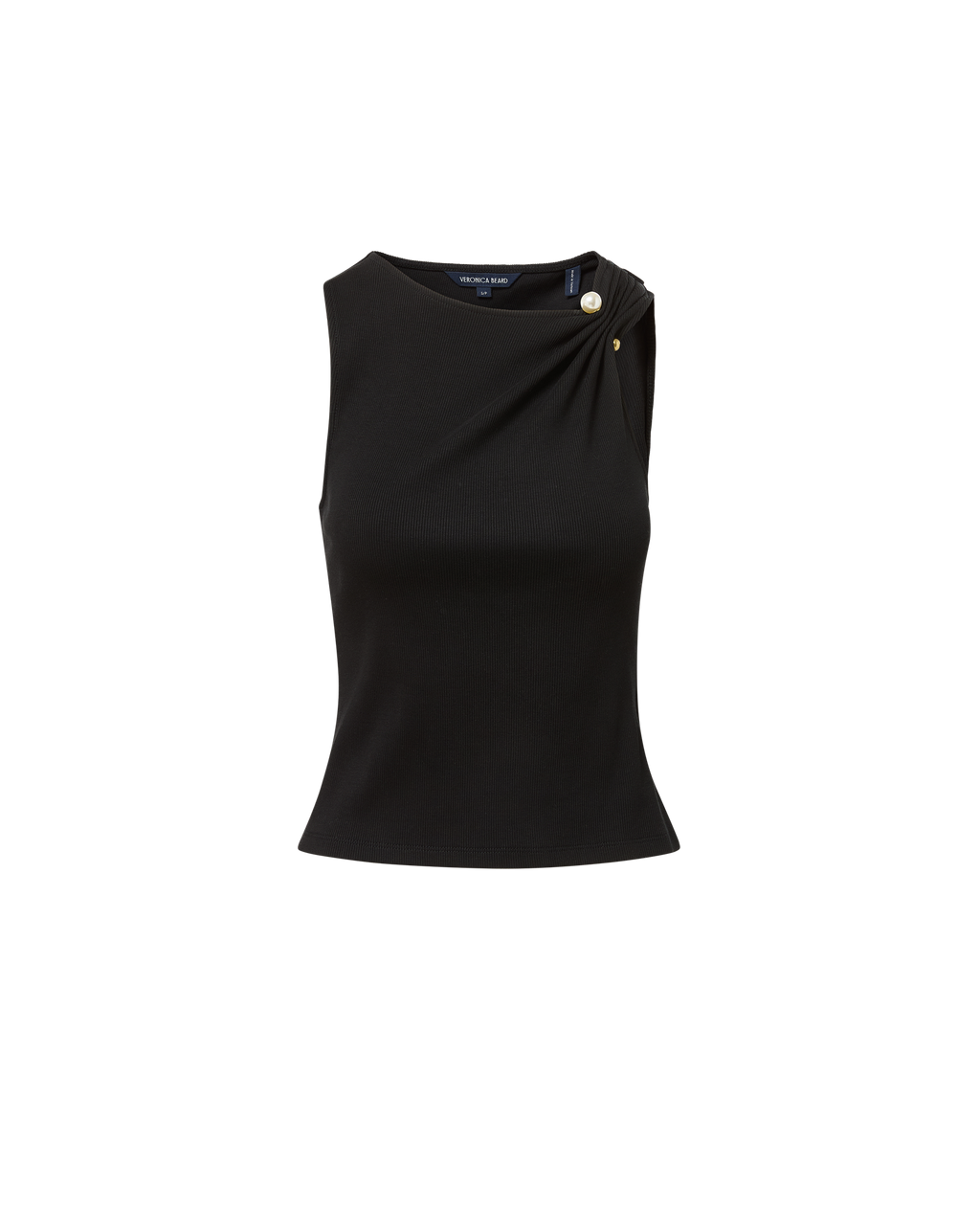 Veronica Beard Black ribbed knit tank top with gold button detail.