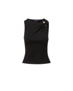 Veronica Beard Black ribbed knit tank top with gold button detail.