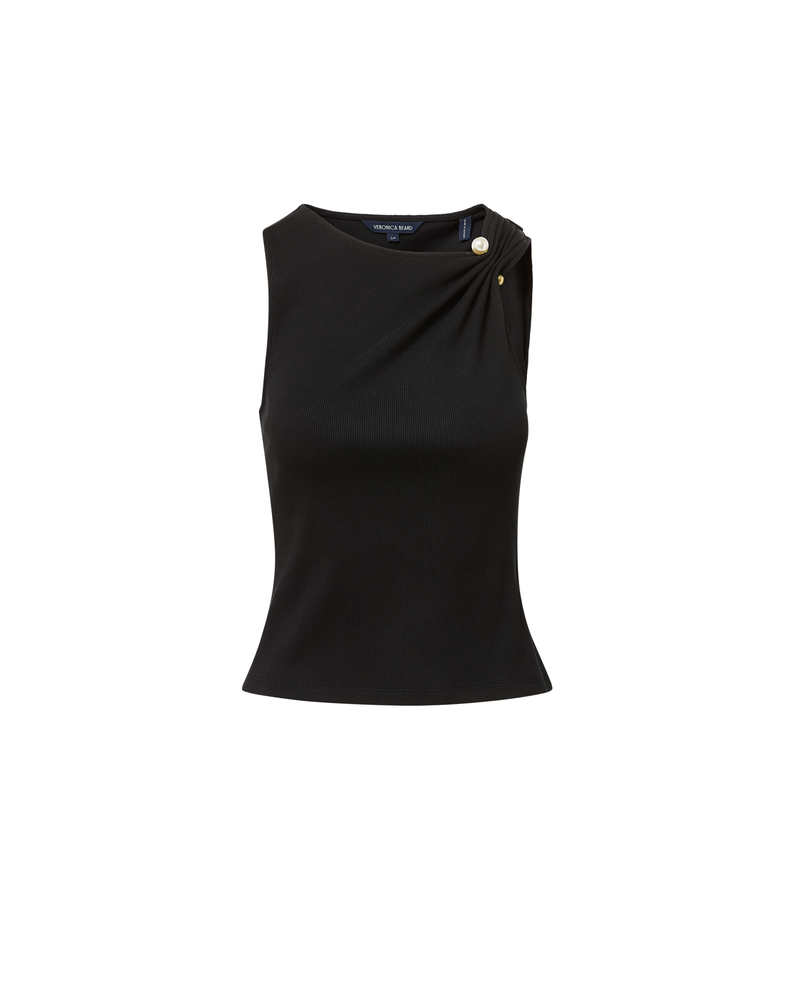 Veronica Beard Black ribbed knit tank top with gold button detail.