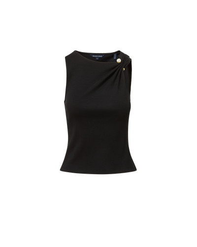 Veronica Beard Black ribbed knit tank top with gold button detail.