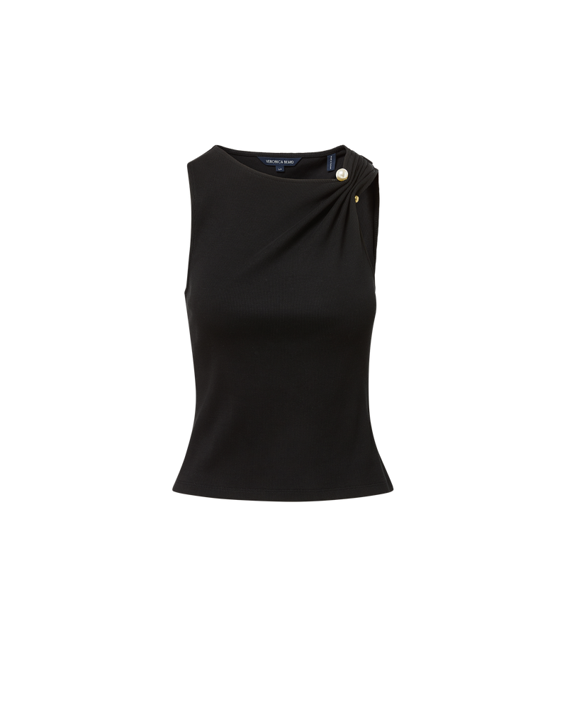 Veronica Beard Black ribbed knit tank top with gold button detail.