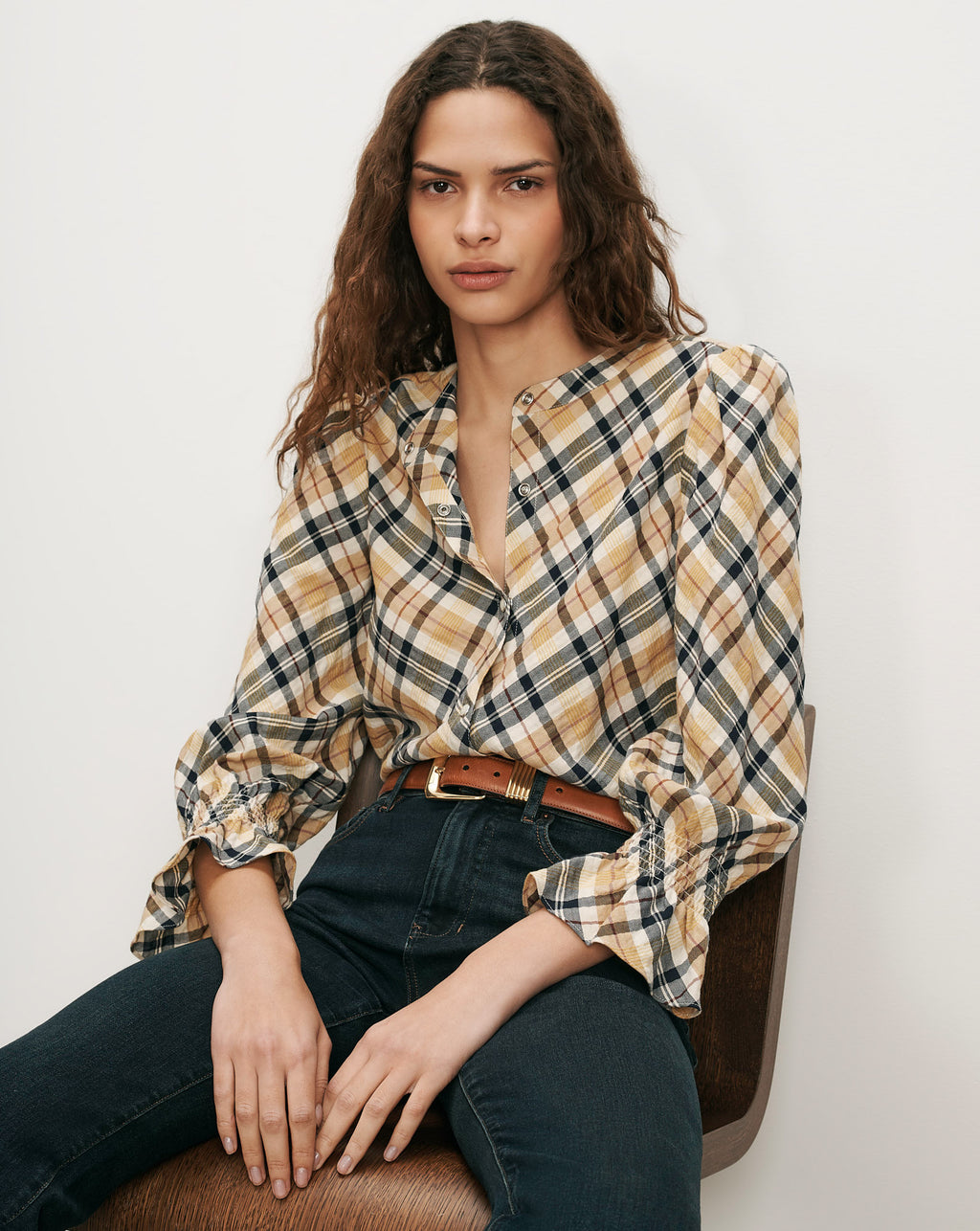Veronica Beard Plaid blouse with ruffled cuffs