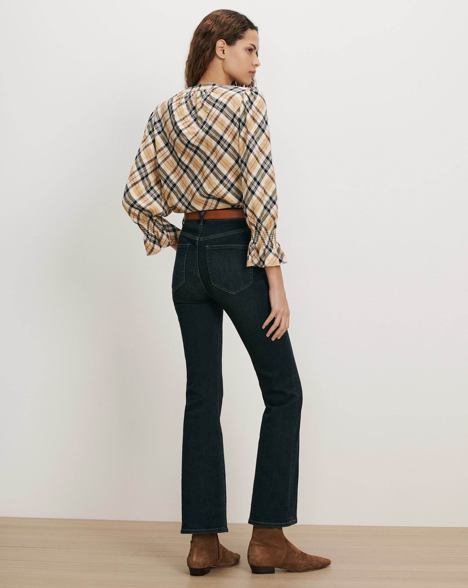 Veronica Beard Plaid blouse with dark wash flare jeans