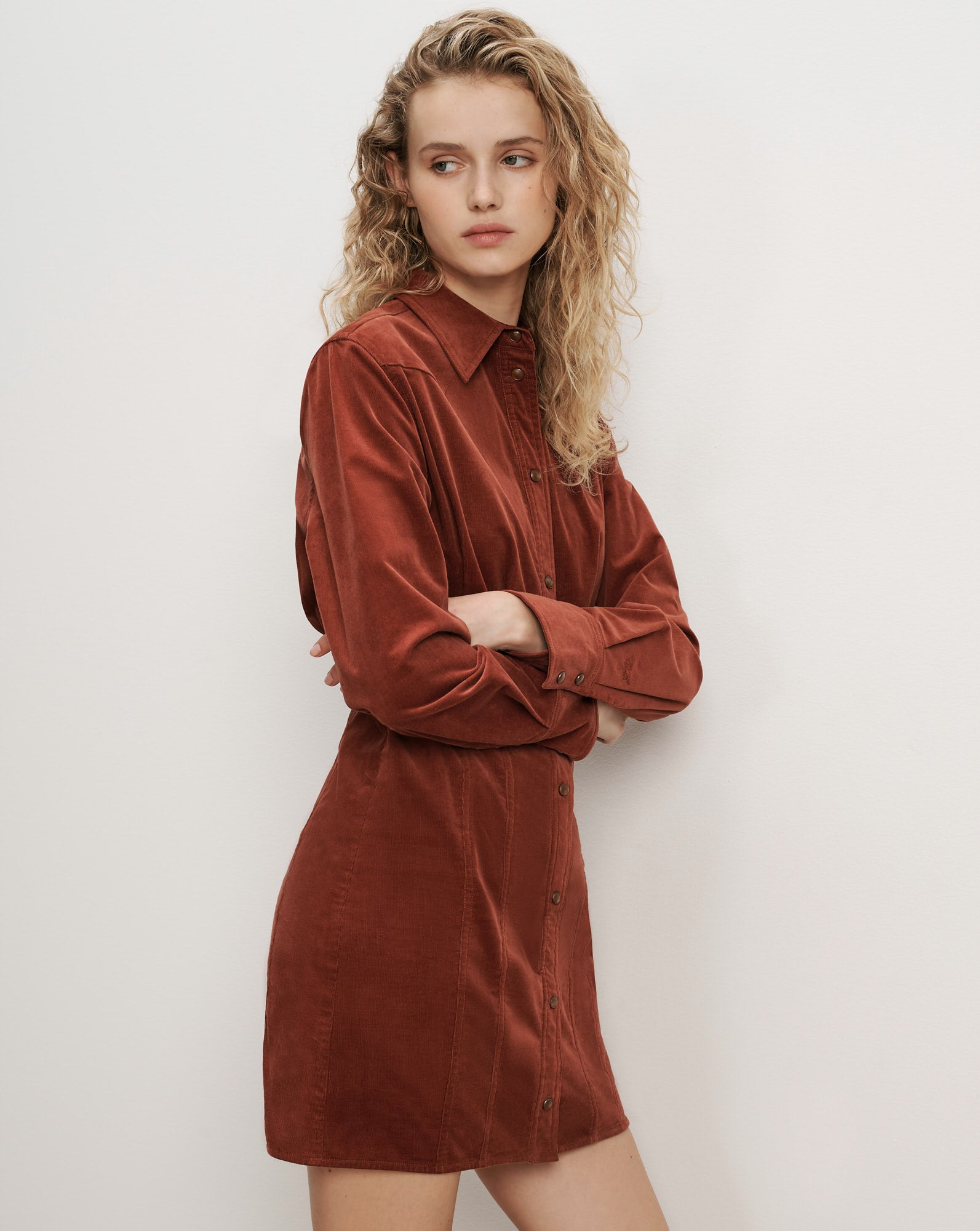 Veronica Beard Brown corduroy shirt dress with long sleeves.