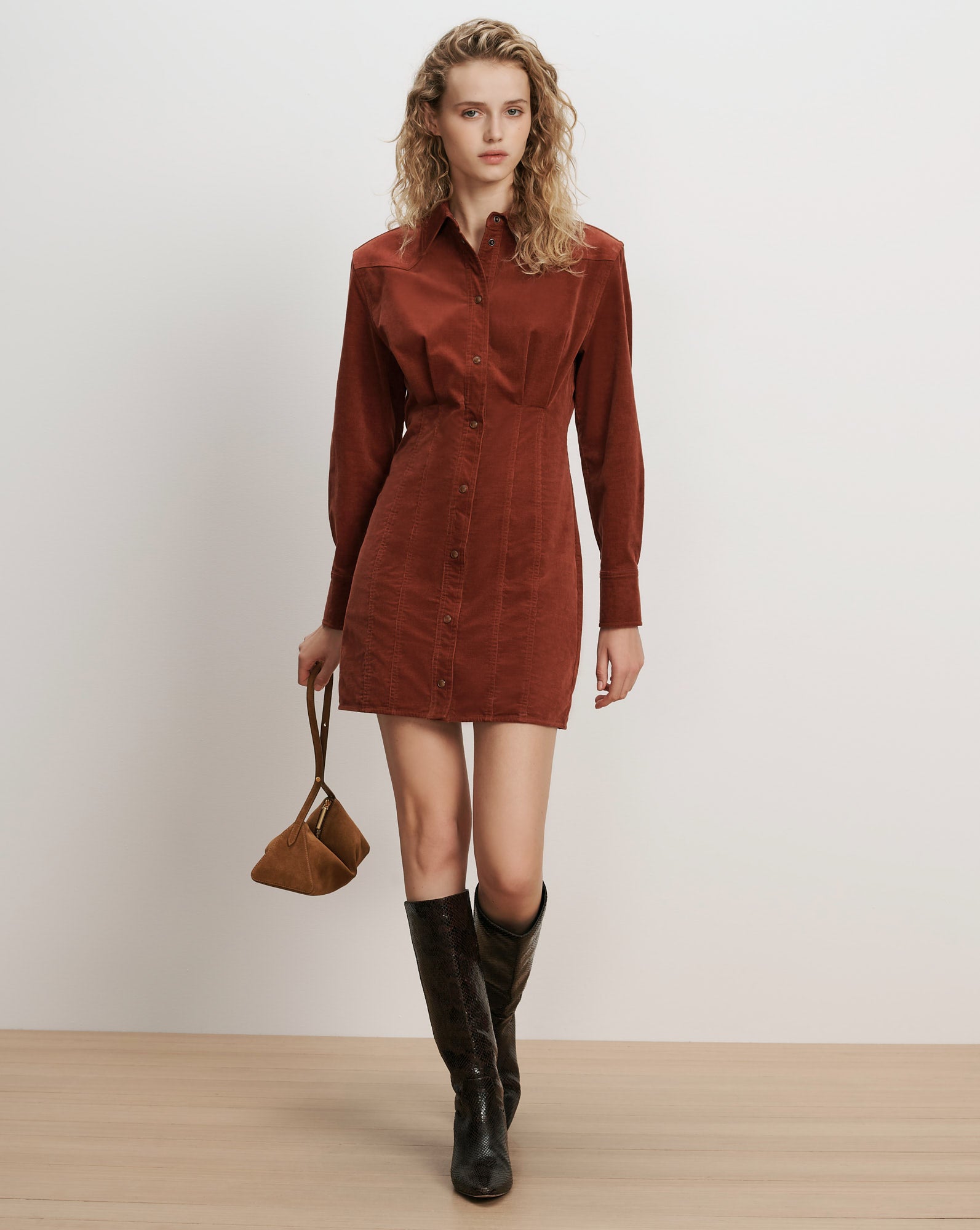 Veronica Beard Brown corduroy shirt dress with long sleeves.