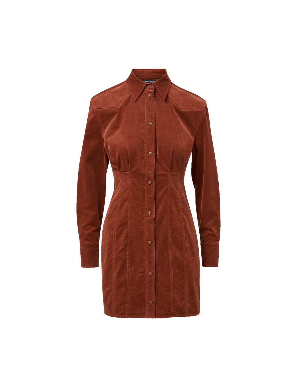 Veronica Beard Brown corduroy mini dress with long sleeves and button front.