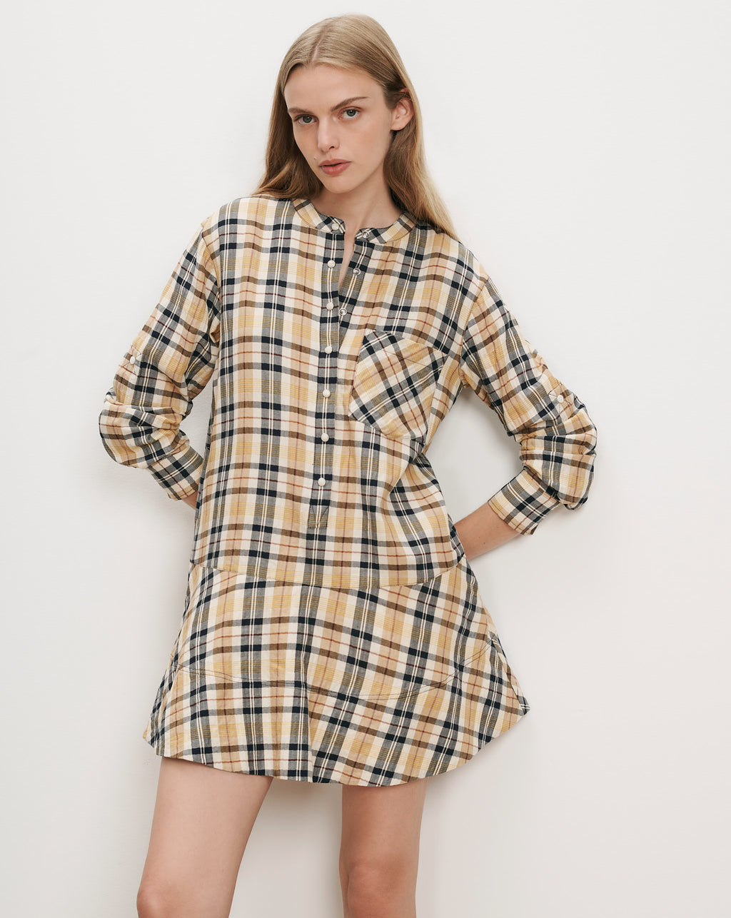 Veronica Beard Plaid shirt dress with band collar and chest pocket.