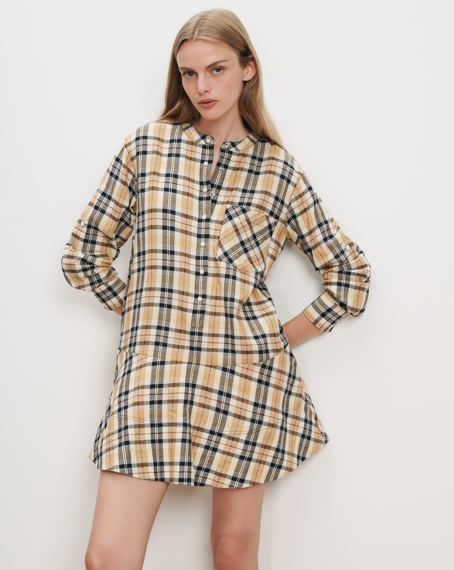 Veronica Beard Plaid shirt dress with band collar and chest pocket.