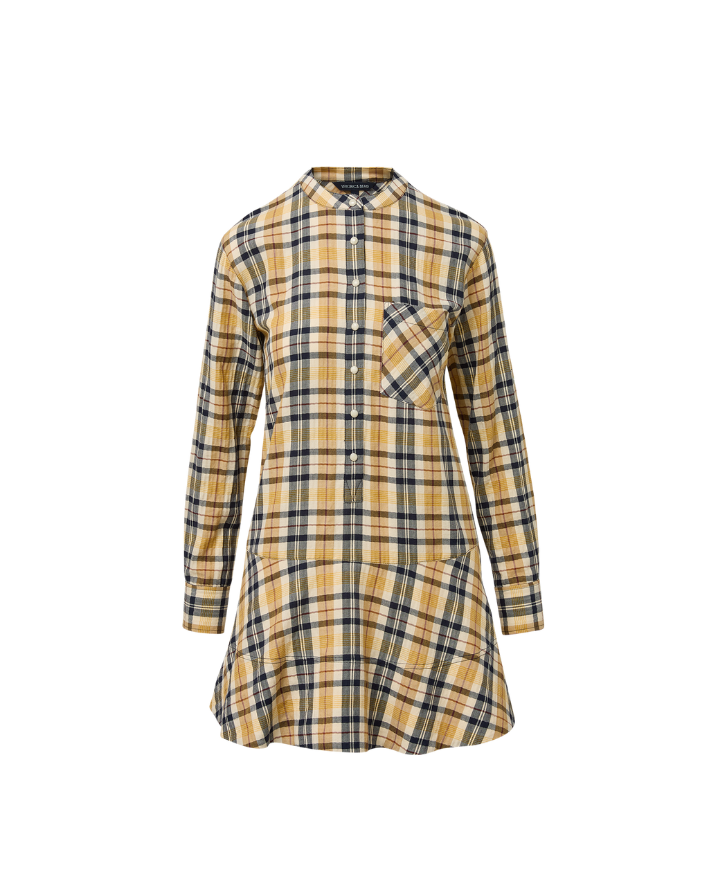 Veronica Beard Yellow plaid shirt dress with ruffled hem.