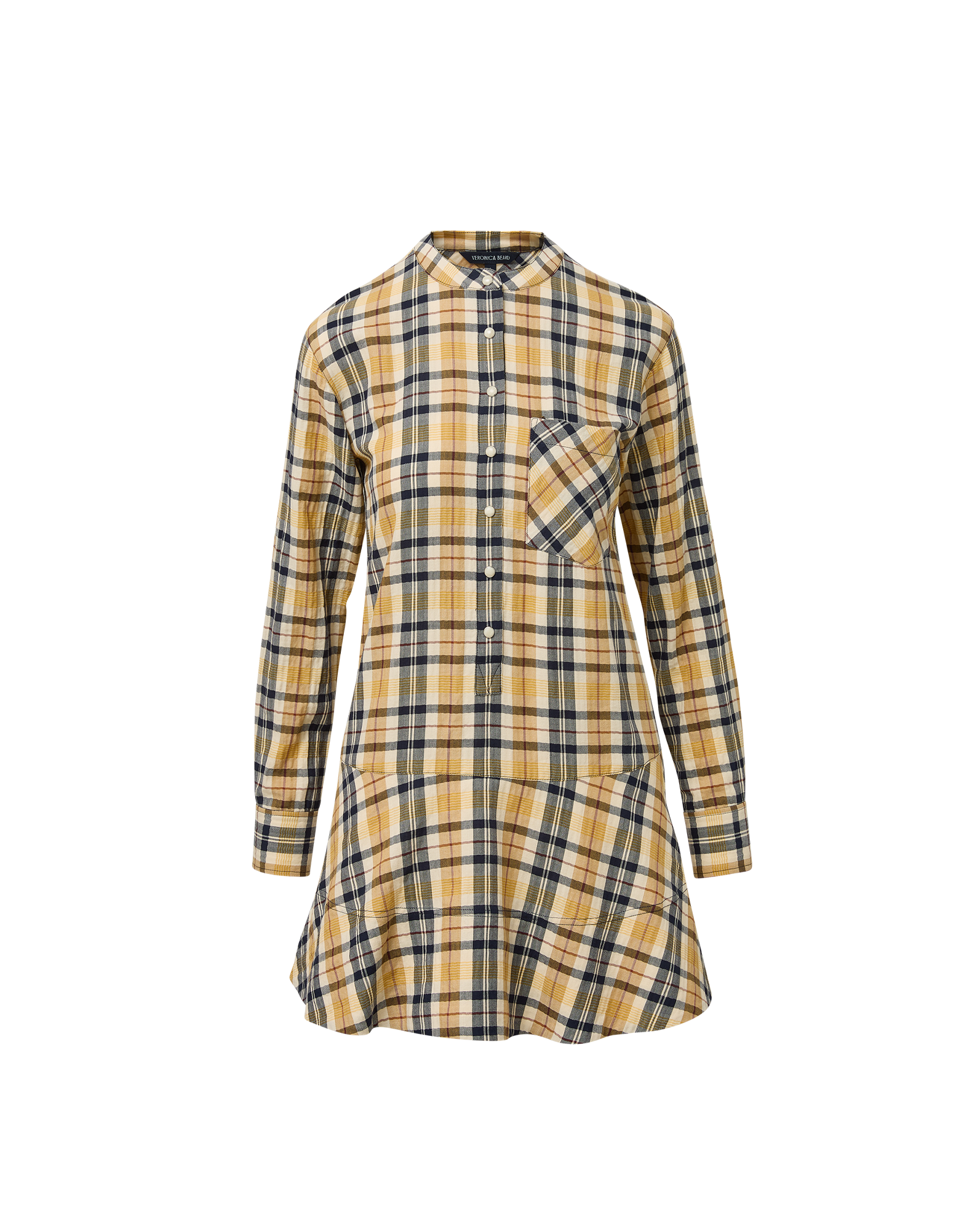 Veronica Beard Yellow plaid shirt dress with ruffled hem.
