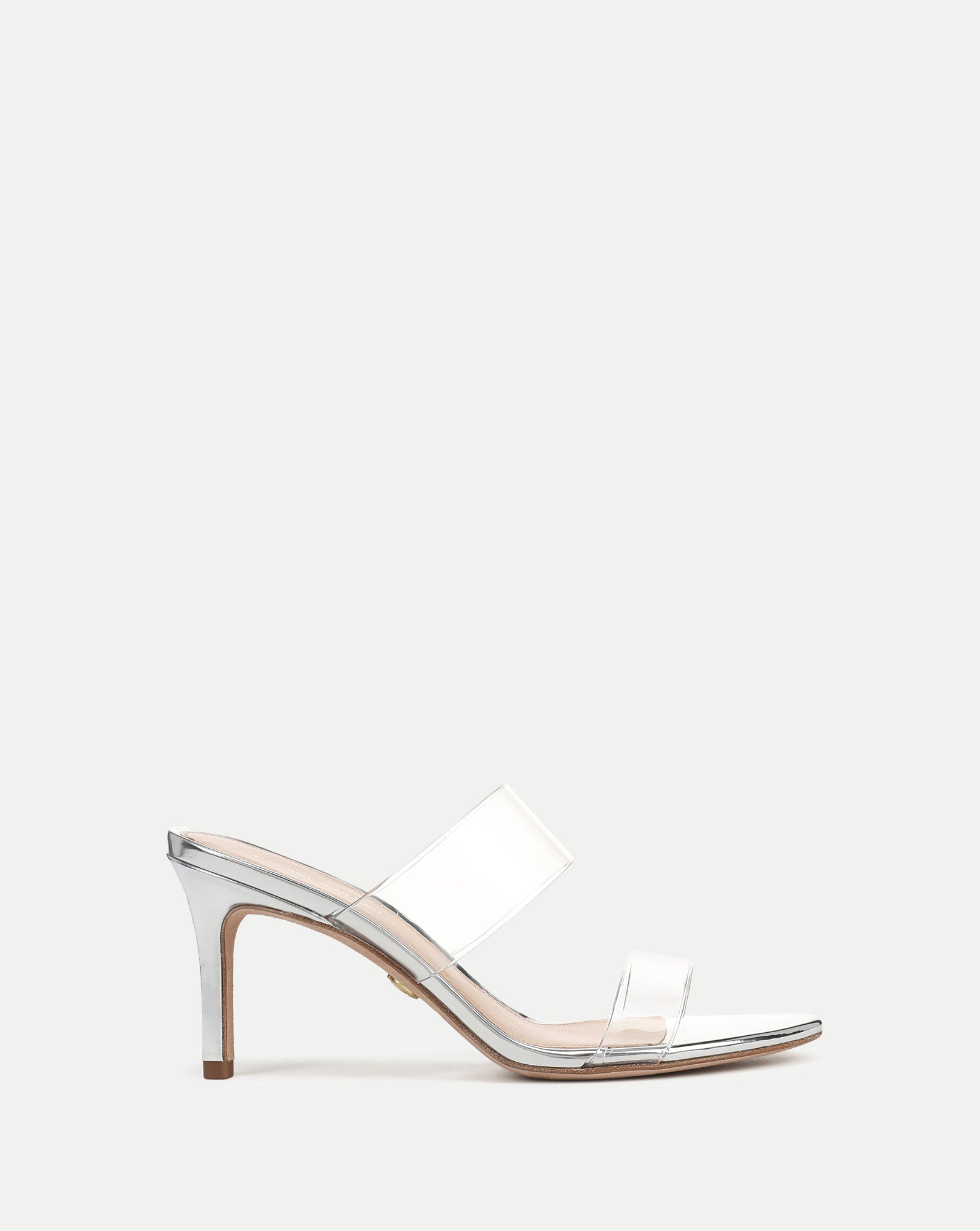Veronica Beard Silver high-heel sandals with clear PVC straps.
