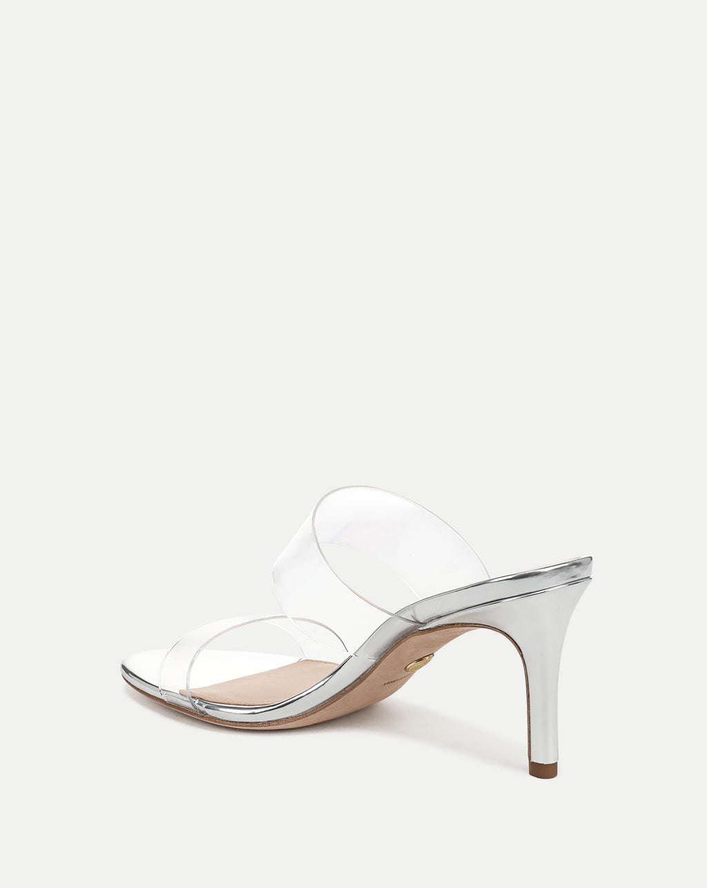 Veronica Beard Silver high-heel sandals with clear PVC straps.