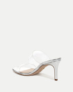 Veronica Beard Silver high-heel sandals with clear PVC straps.