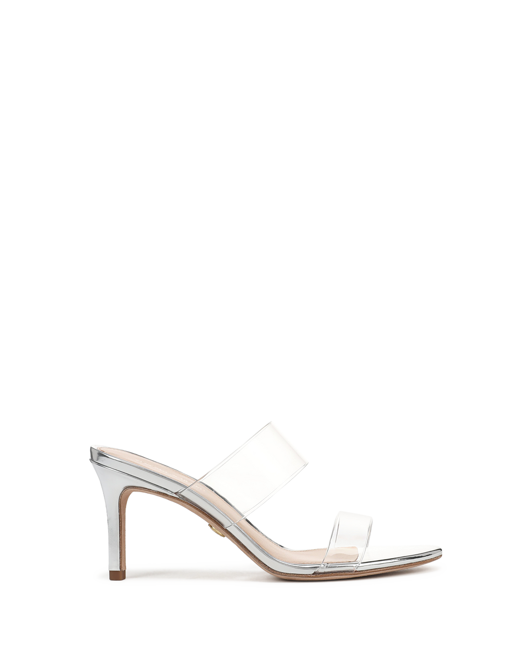 Veronica Beard Silver high heel sandals with clear PVC straps.