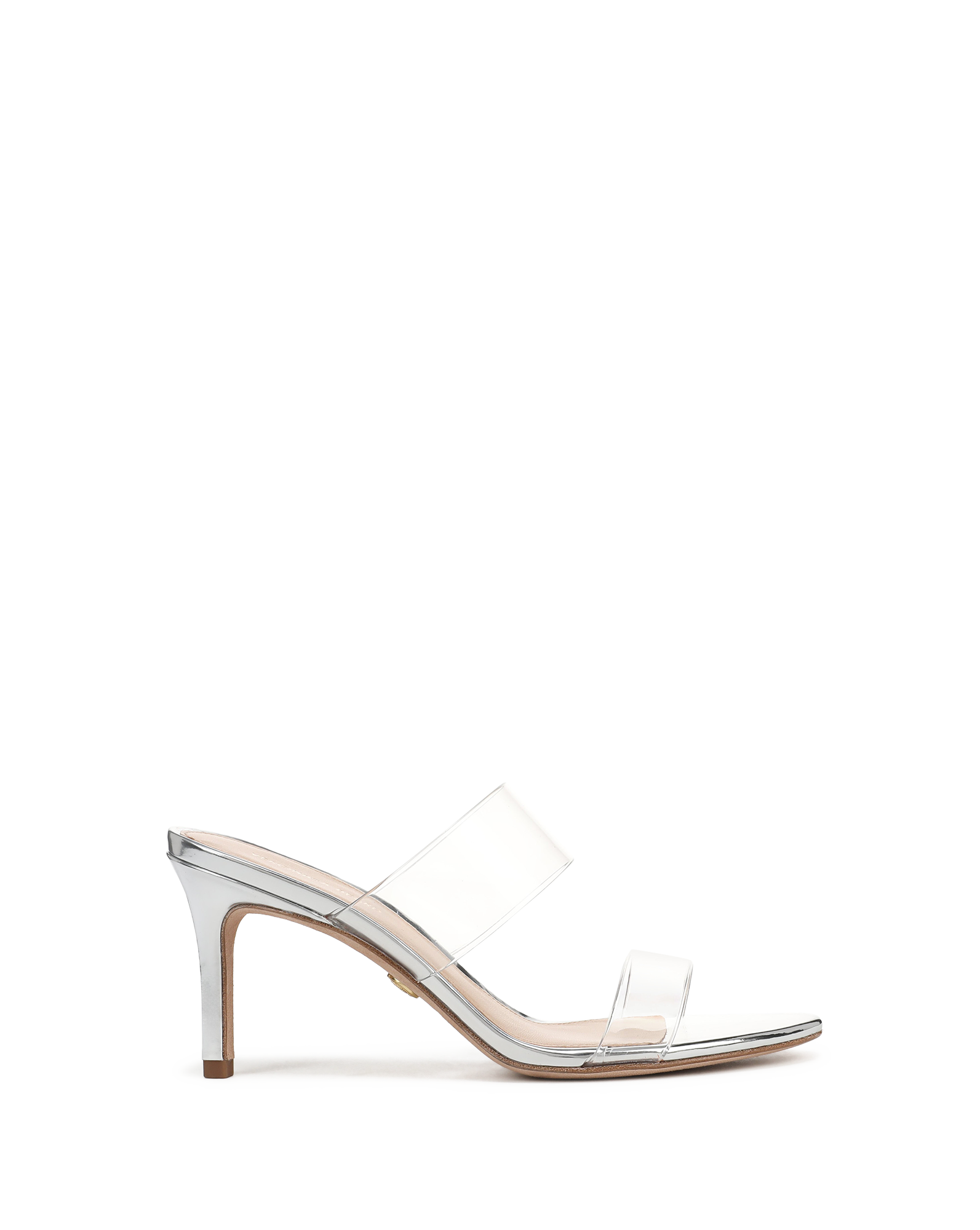 Veronica Beard Silver high heel sandals with clear PVC straps.