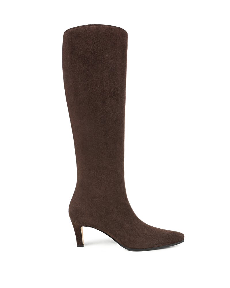 Veronica Beard Brown suede knee-high boots with a kitten heel.