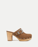 Veronica Beard Brown suede platform clog with silver buckle and studs.