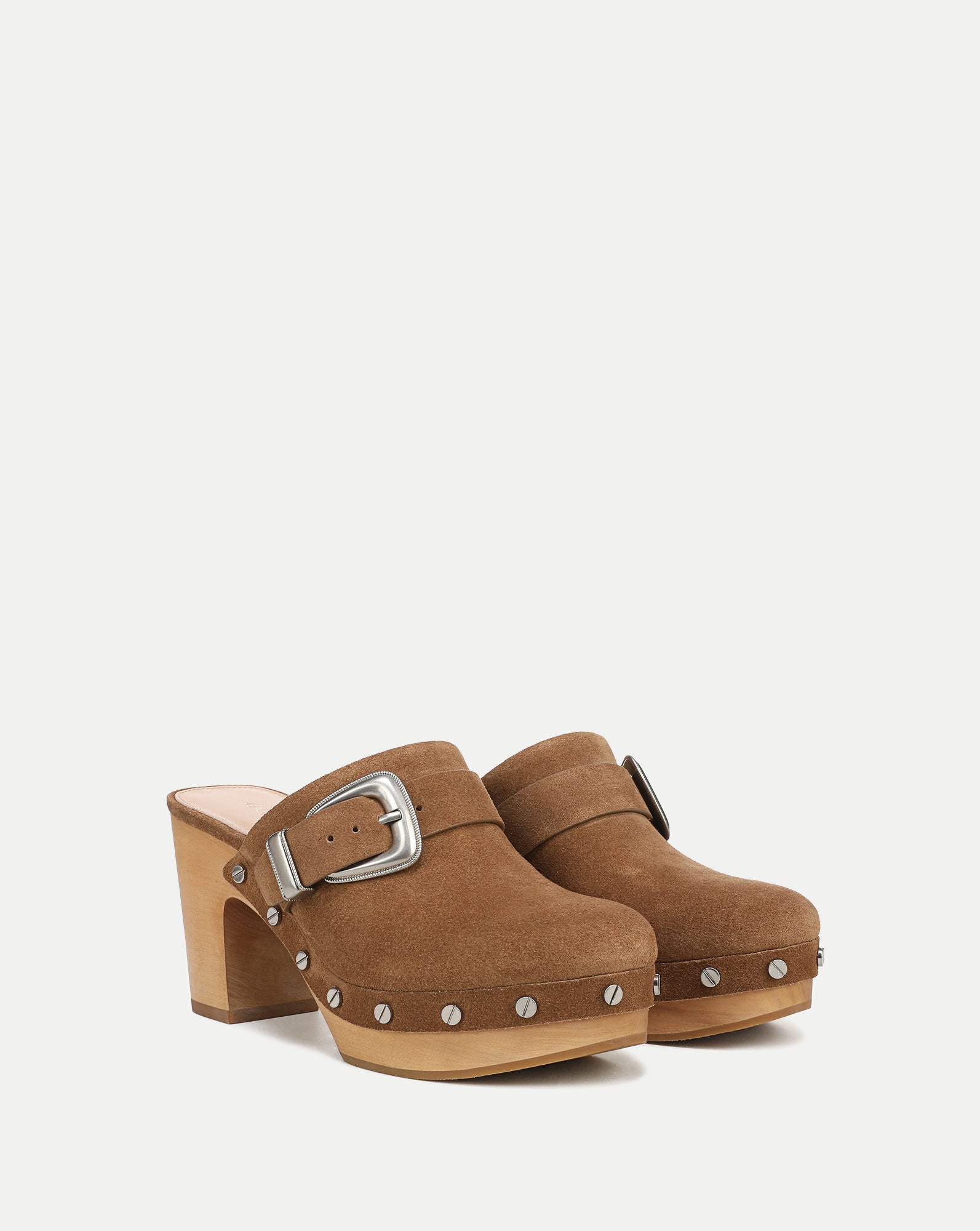Veronica Beard Brown suede clog mules with silver buckle and studs.