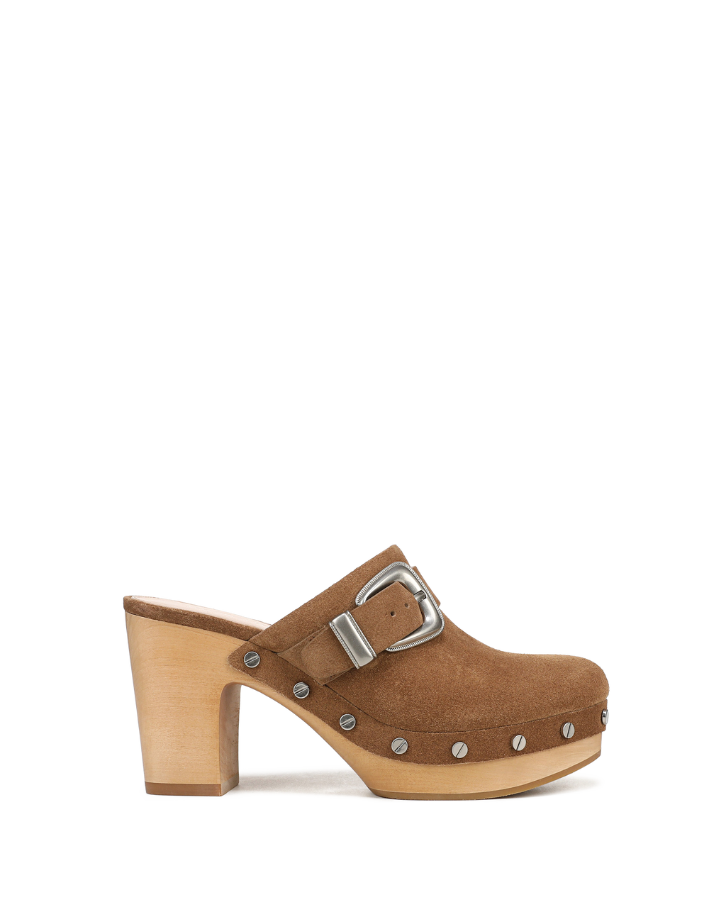 Veronica Beard Brown suede platform clog with silver buckle and studs.