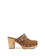 Veronica Beard Brown suede platform clog with silver buckle and studs.