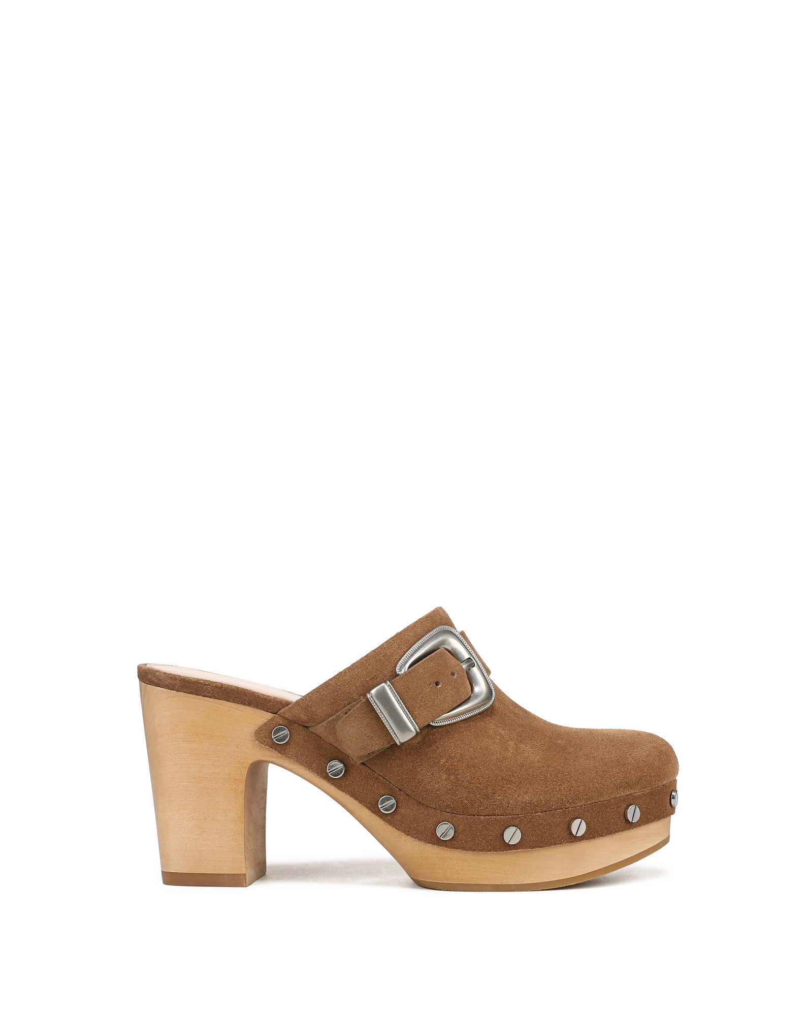 Veronica Beard Brown suede platform clog with silver buckle and studs.