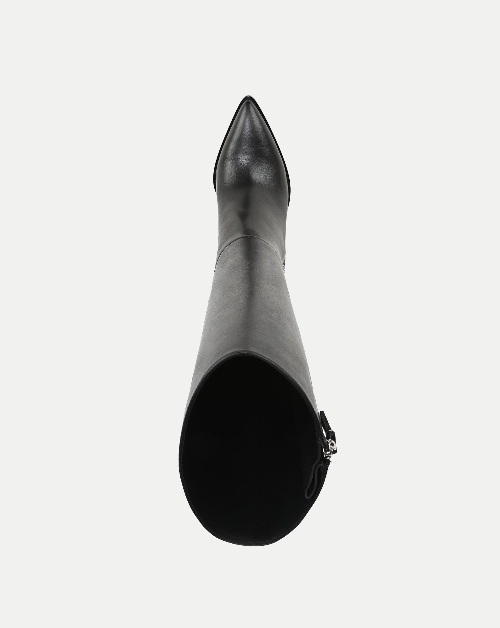 Veronica Beard Black leather knee-high boots with pointed toe.