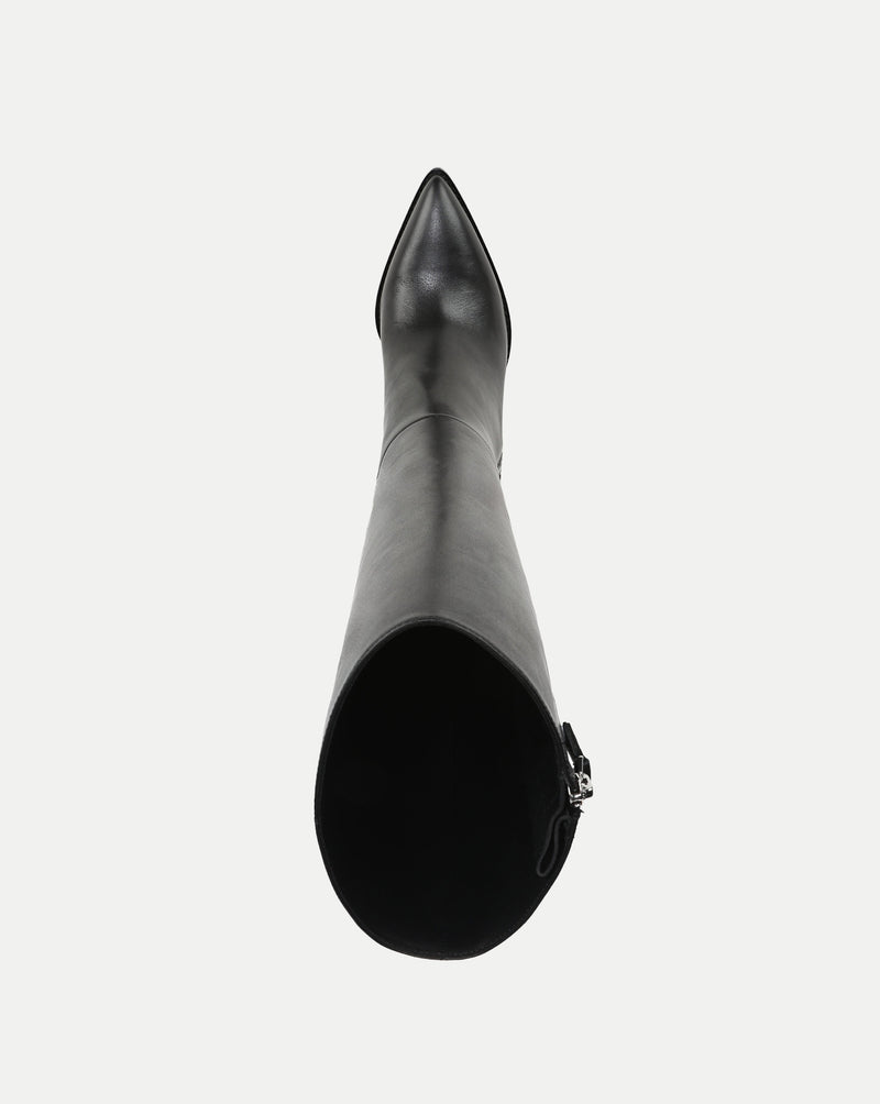 Veronica Beard Black leather knee-high boots with pointed toe.