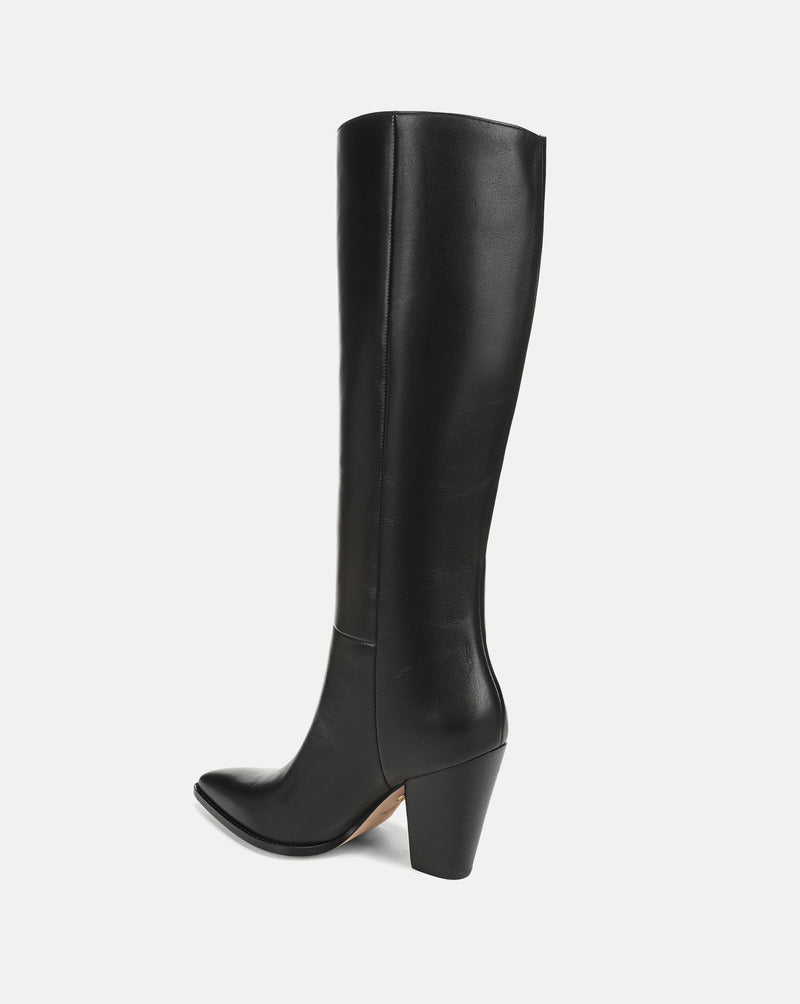 Veronica Beard Black leather knee-high boot with pointed toe and block heel.