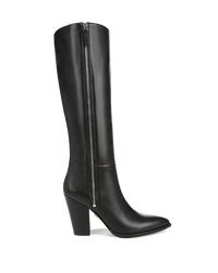 Veronica Beard Black leather knee-high boot with side zipper.
