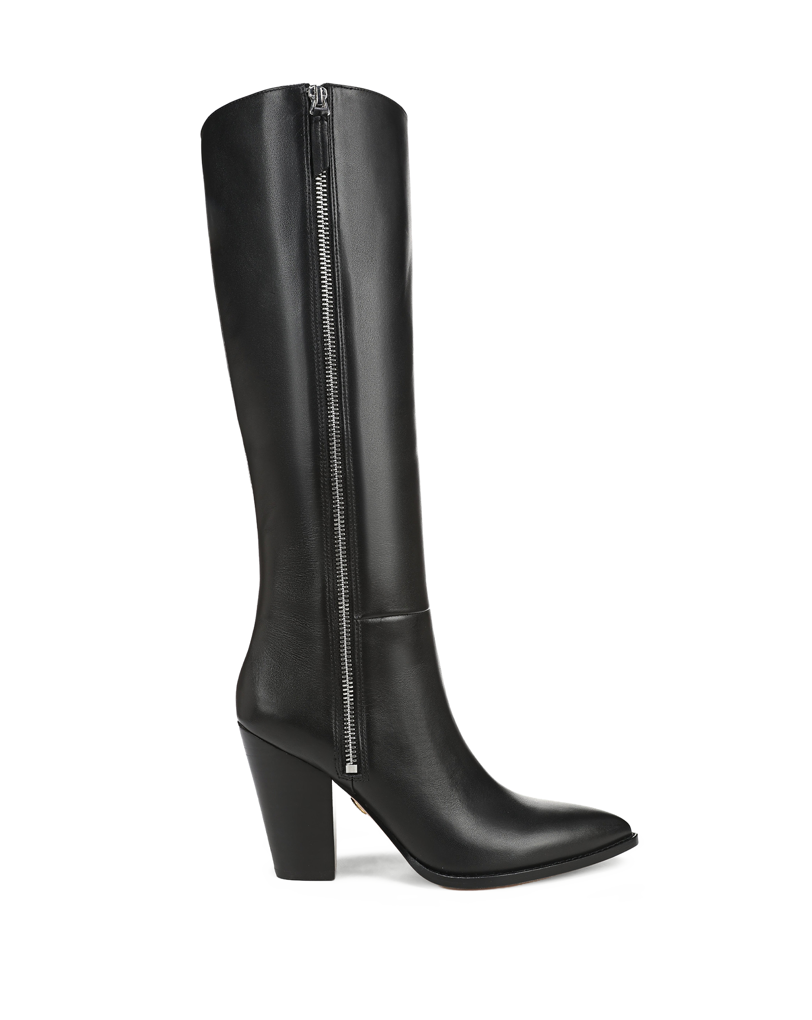 Veronica Beard Black leather knee-high boot with side zipper.